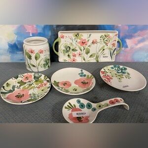 New WMC Inner Garden ceramic 6 sandwich plates, spoon rest, tray, utensil jar.